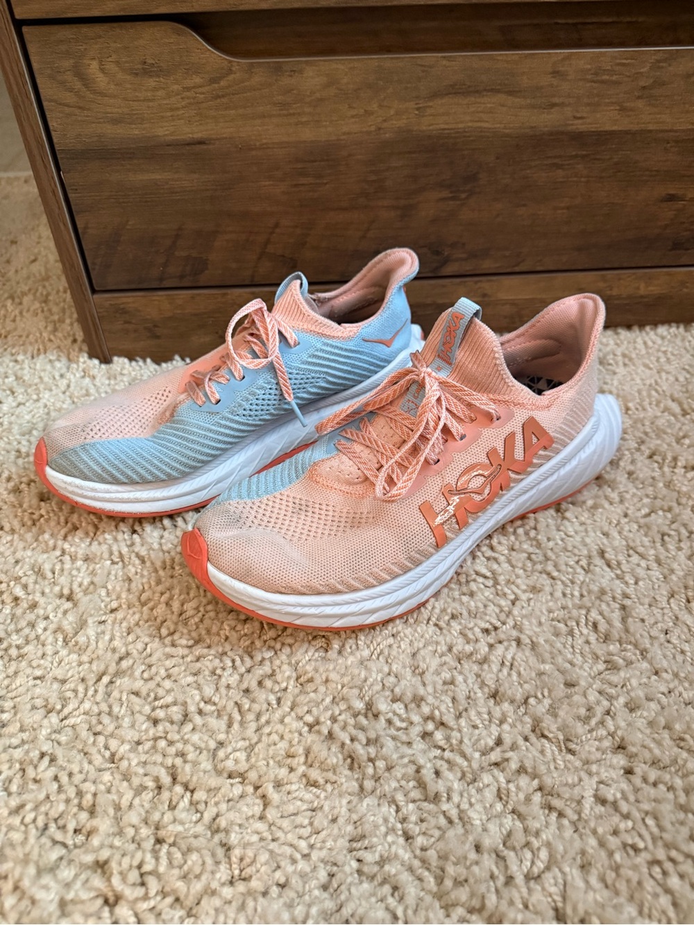 Hoka Women's Peach & Light Blue Knit Running Sneakers